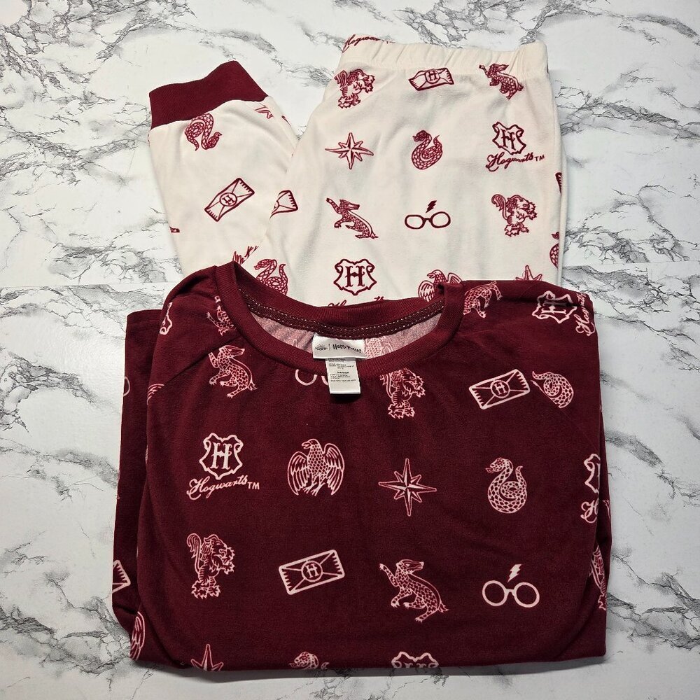 Harry Potter Large White Maroon Hogwarts Logo Longsleeve Fleece Pj Lounge Set